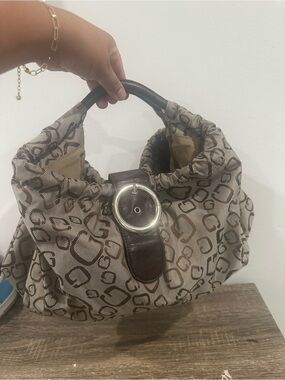 Guess Beige & Brown Logo Hobo Bag with Buckle Detail